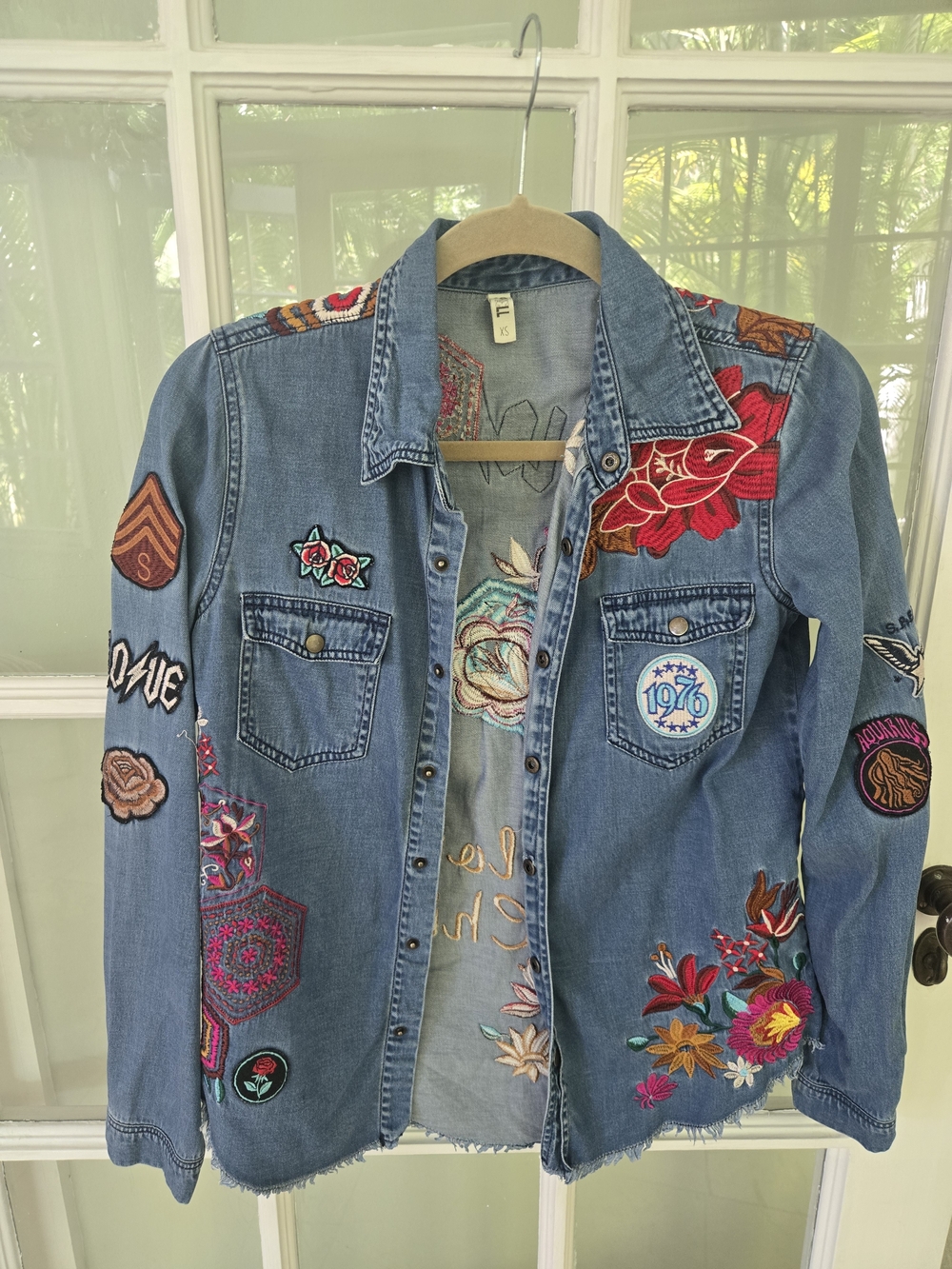 Spell Embroidered Blue Denim Jacket with Floral & Patchwork Details